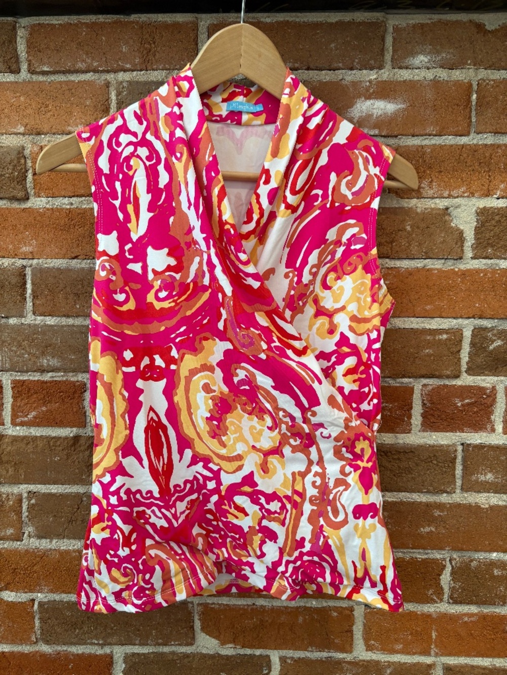 J McLaughlin Knit Sleveless Wrap Top - Yellow + Paisley - Size S